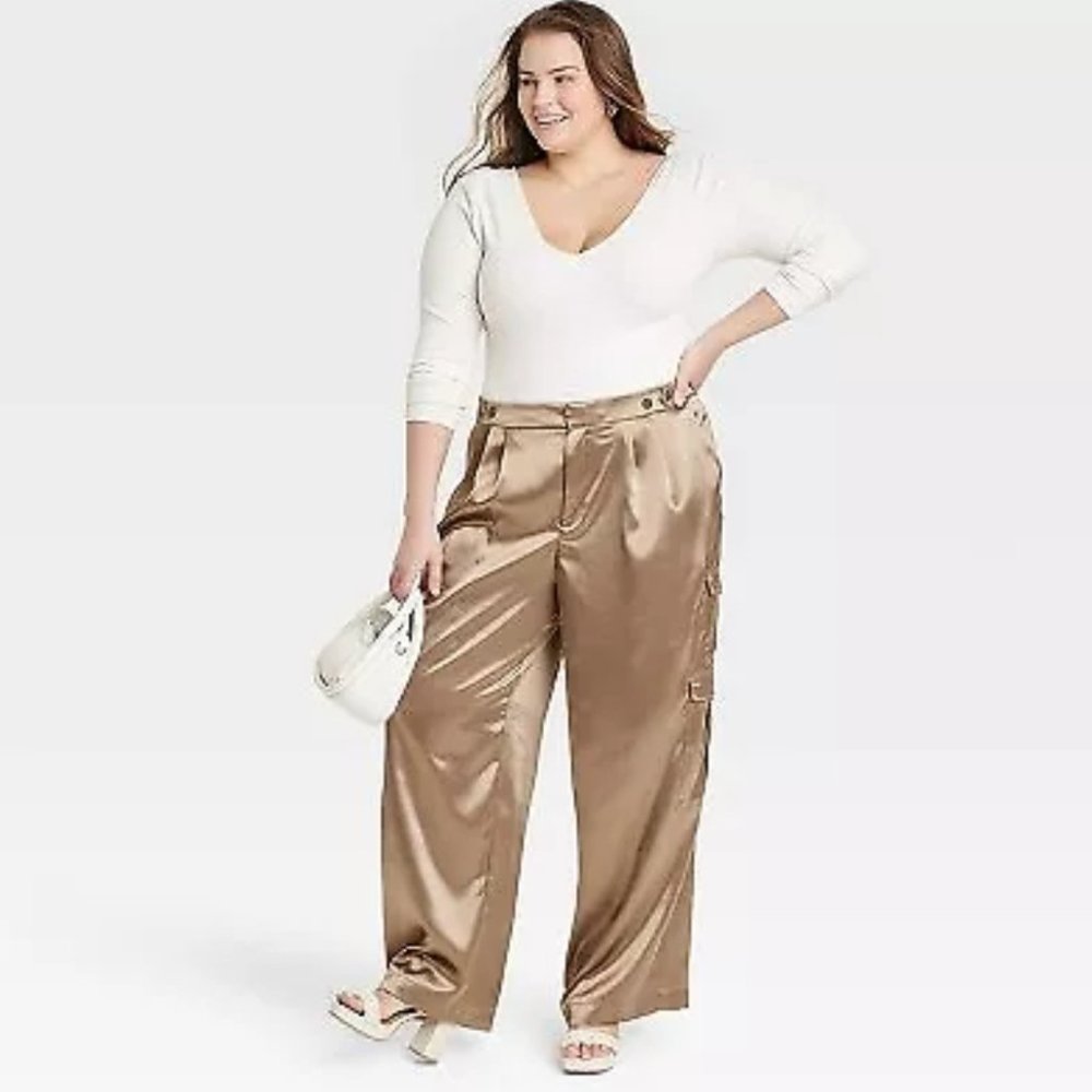 Women's "Muddy Brown" High-Rise Satin Cargo Pants - A New Day - Picture 2 of 7